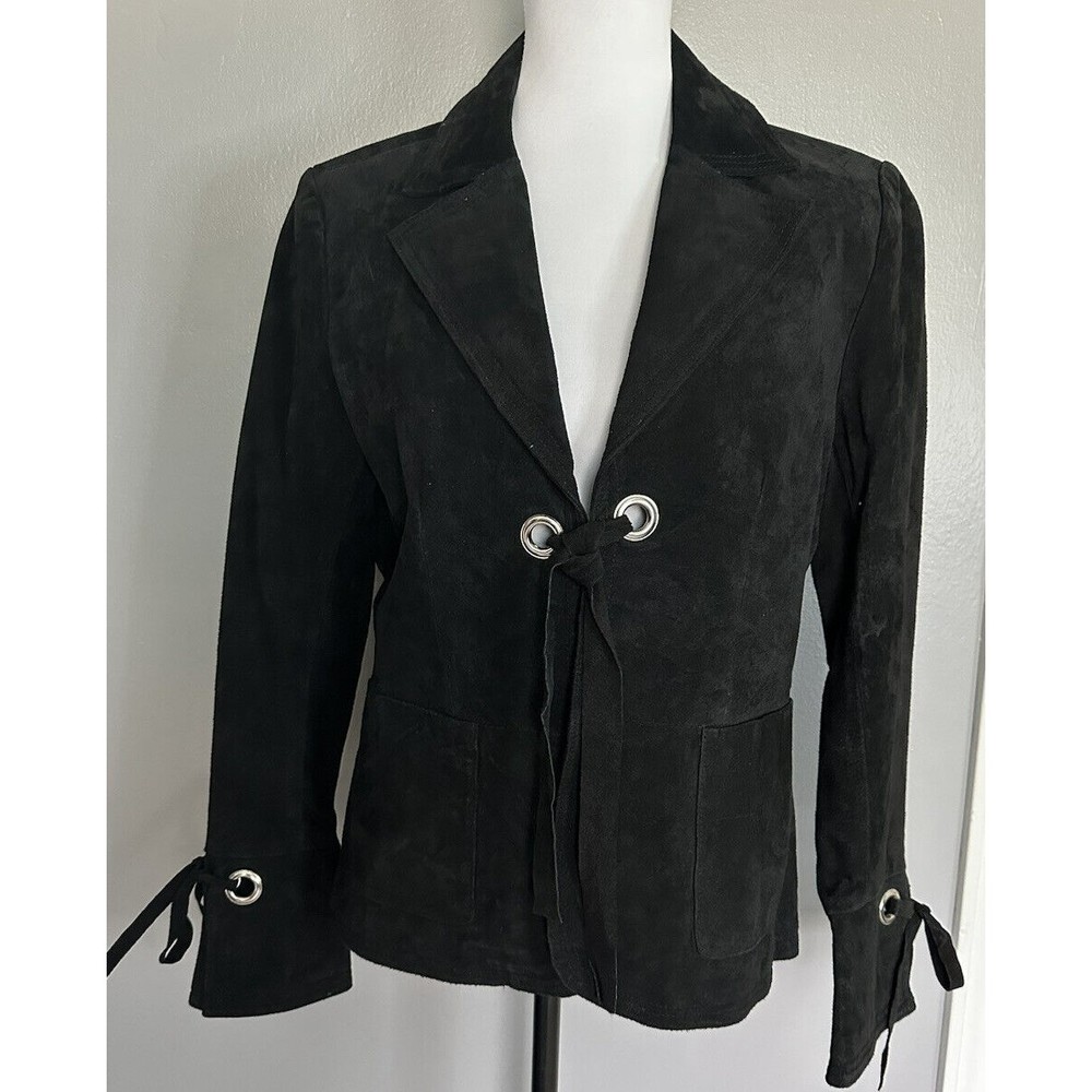 VTG MetroStyle Black Leather/Suede Blazer Women Lined Sz 10 Tie Front Jacket EUC